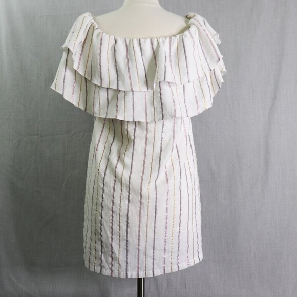 Charles Henry Off Shoulder Dress M White & Metallic Stripe Ruffle Popover Summer - Picture 8 of 16